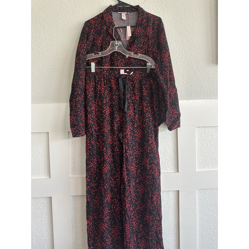 Victoria Secret womens size M Black Red Heart Pajama Set 2pc Pant Top Valentine